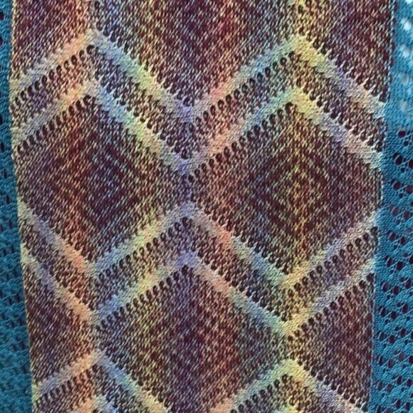 Teal Open Knit Sleeveless SmLong Cardigan With Fringe Hem & Geometric Back Panel - Picture 9 of 12